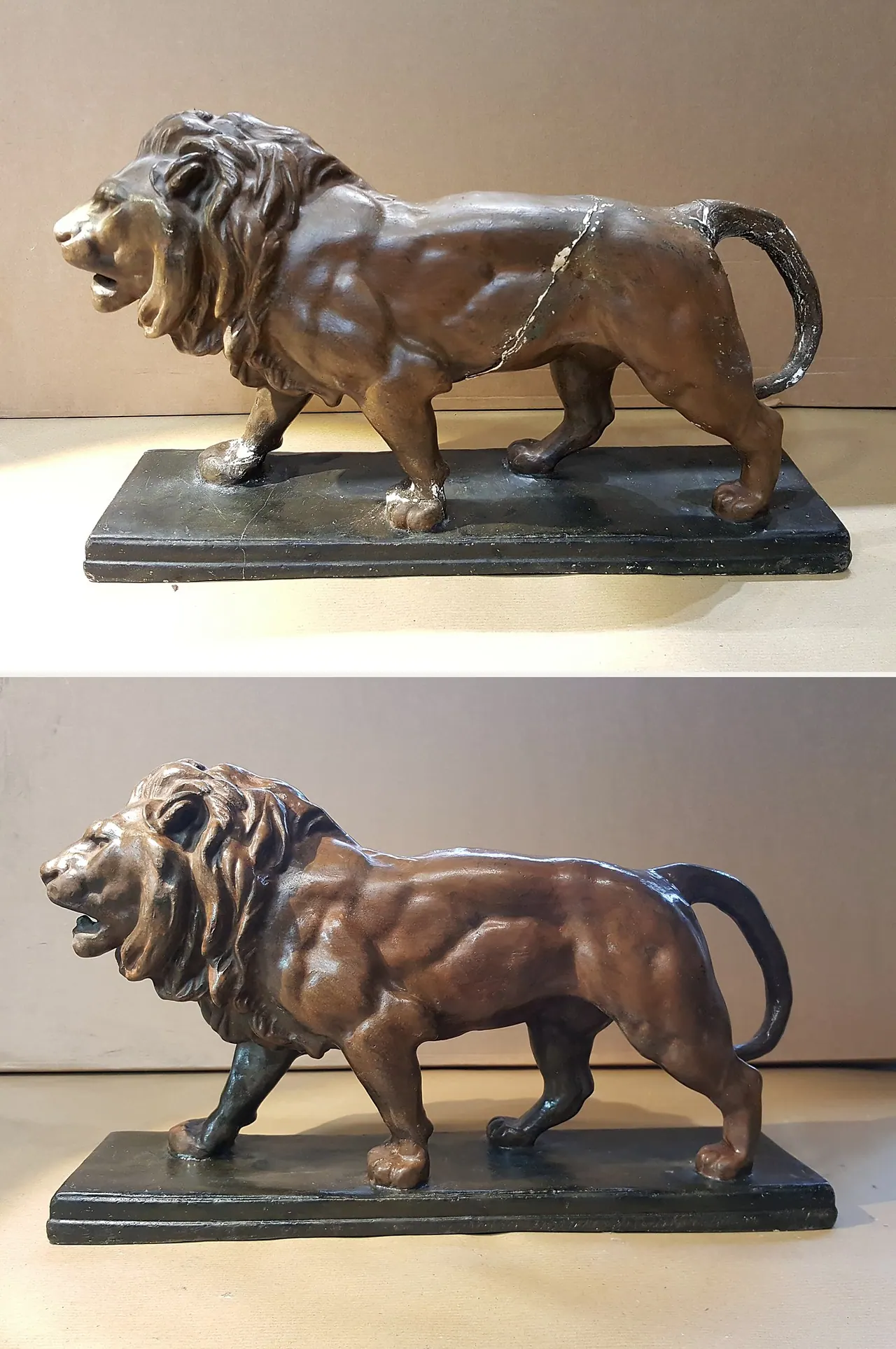 Dépose d’anciens collages et repeints, puis réintégration — lion d’Antoine-Louis Barye — avant et après restauration