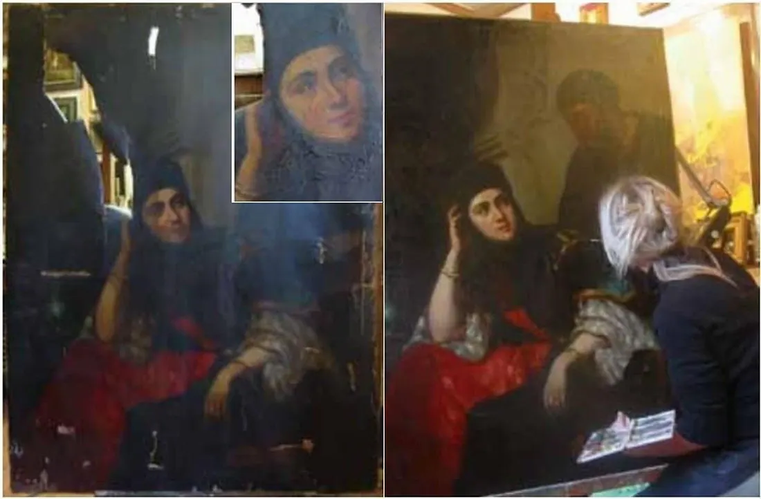 Traitement des dégâts d’incendie et d’une grande déchirure — tableau de grand format — avant et après restauration