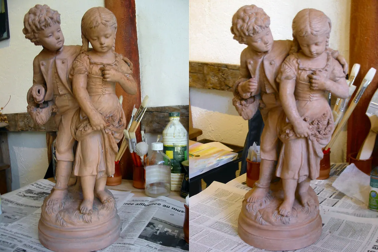Restitution des parties manquantes et réintégration des couleurs — sculpture en terre cuite — Avant — main manquante et lacunes multiples / Après — main restituée et couleurs réintégrées