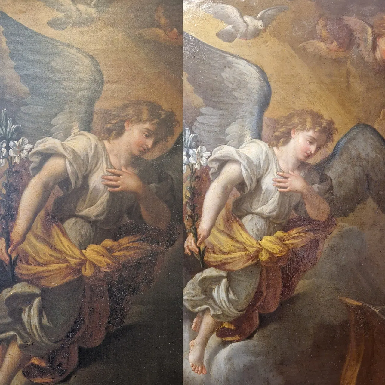 Traitement de l’oxydation, dépose des anciens repeints et réintégration illusionniste — peinture sur cuivre — avant et après restauration