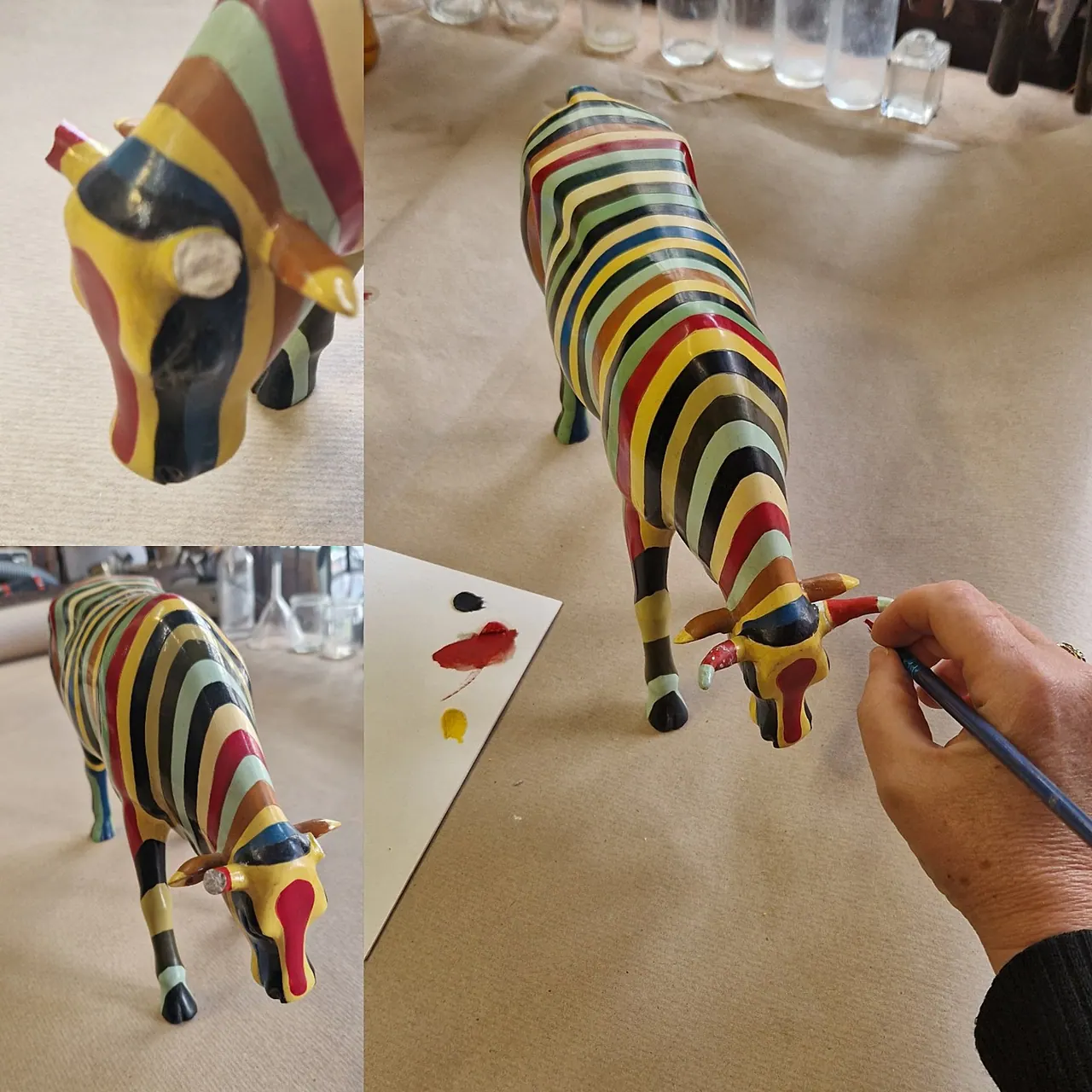 Création des éléments manquants ex nihilo — vache, sculpture contemporaine peinte — Reprise des lacunes au pinceau fin, à l’atelier