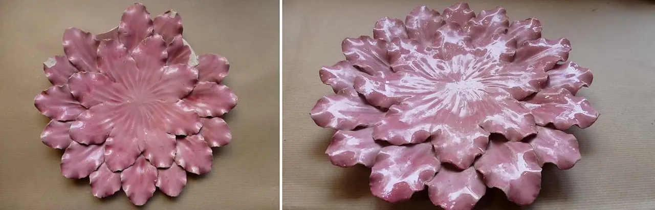 Collage et comblement des manques — coupe en céramique émaillée, en forme de fleur — avant et après restauration