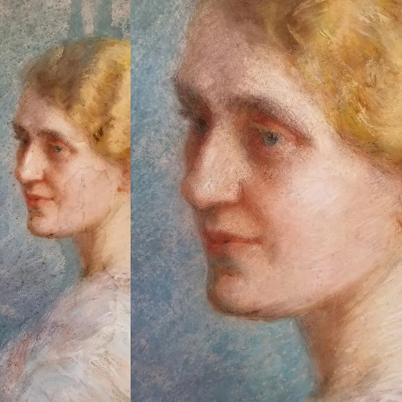 Traitement d’une déchirure sur papier, des taches et des auréoles — pastel après dégât des eaux — Avant / Après — détail du visage et du fond