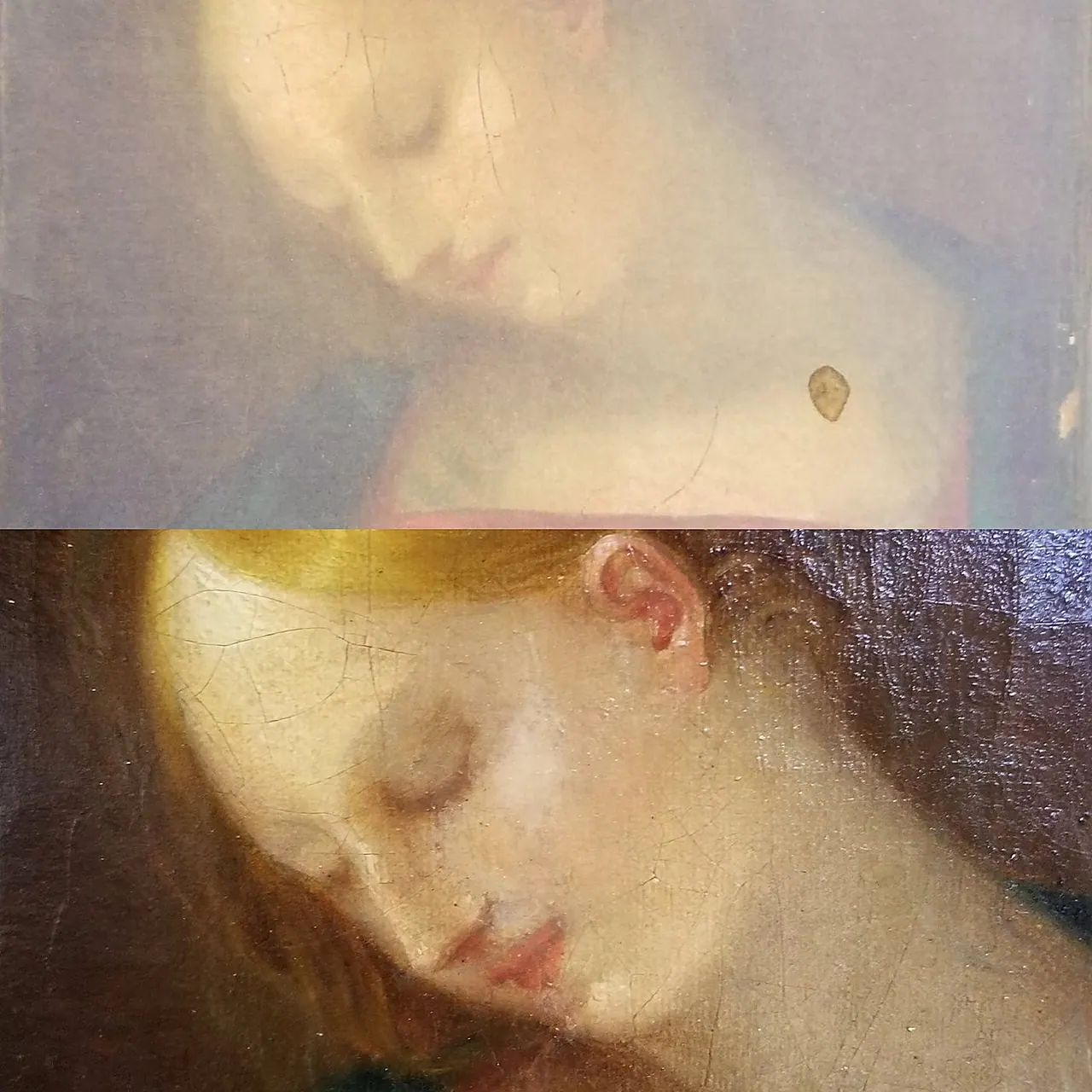 Traitement d’un vernis opaque et blanchi (chanci), avec présence d’humidité — huile sur toile — avant et après restauration
