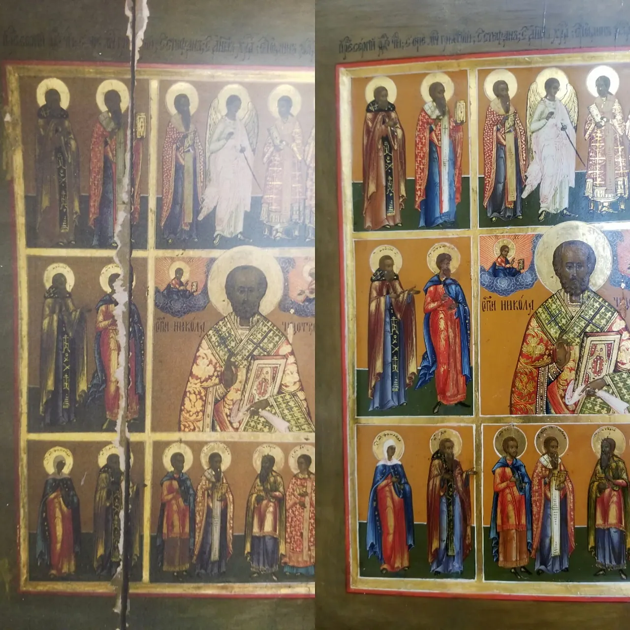 Consolidation d’un panneau fendu et réintégration à l’aiguille — icône, calendrier de saints — avant et après restauration