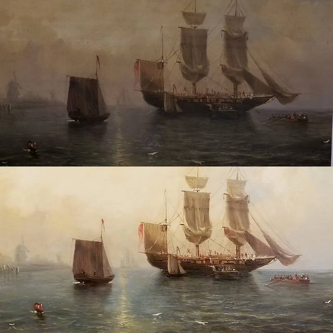 Traitement des anciens repeints et allègement du vernis jauni — marine au port — avant et après restauration