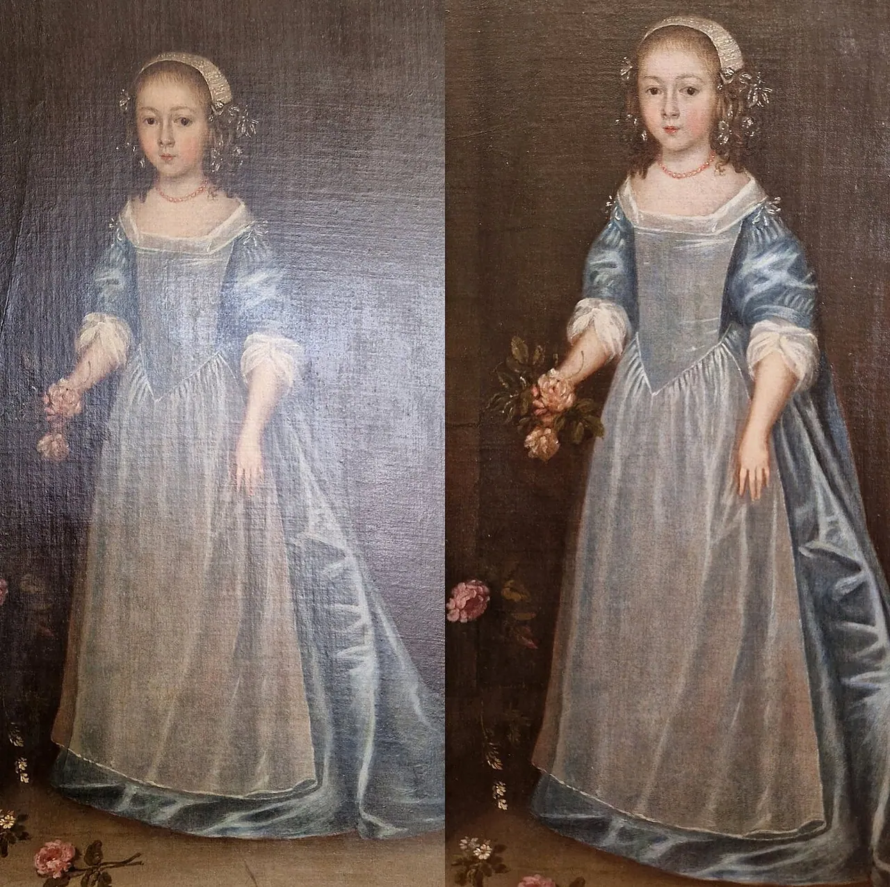 Traitement d’un vernis trop brillant et opaque, et d’un vernis jaunissant — portrait de jeune fille, fin du XVIIᵉ — avant et après restauration