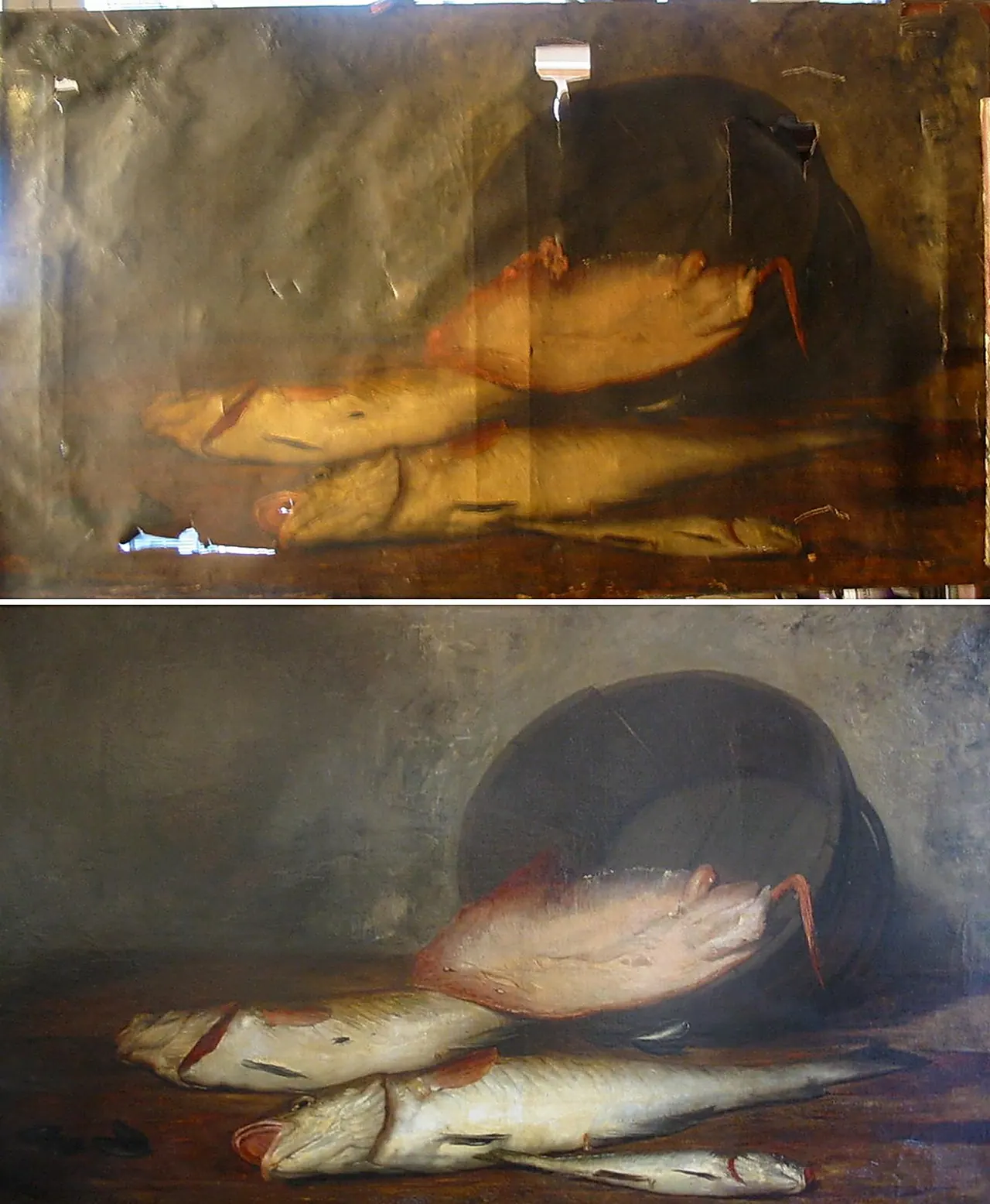 Consolidation, rentoilage et réintégration — nature morte aux poissons — avant et après restauration