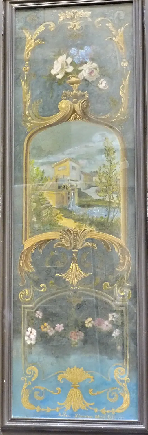Consolidation d’un décor peint sur verre et repose sur verre neuf — devanture parisienne — Le décor restauré, fixé sur un verre neuf