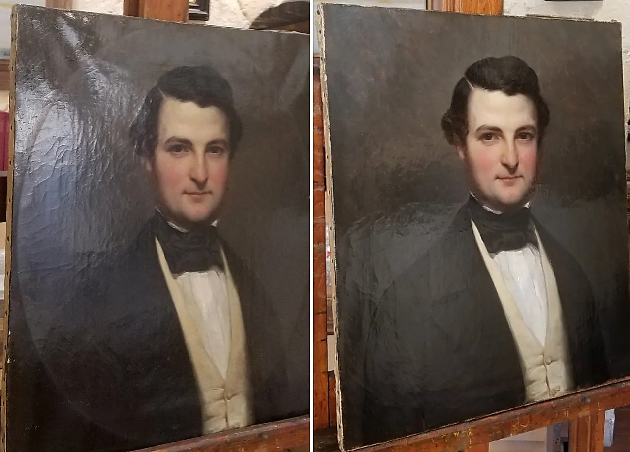 Traitement des déformations : bosses et angles en drapeau — mise en tension d’une toile — avant et après restauration