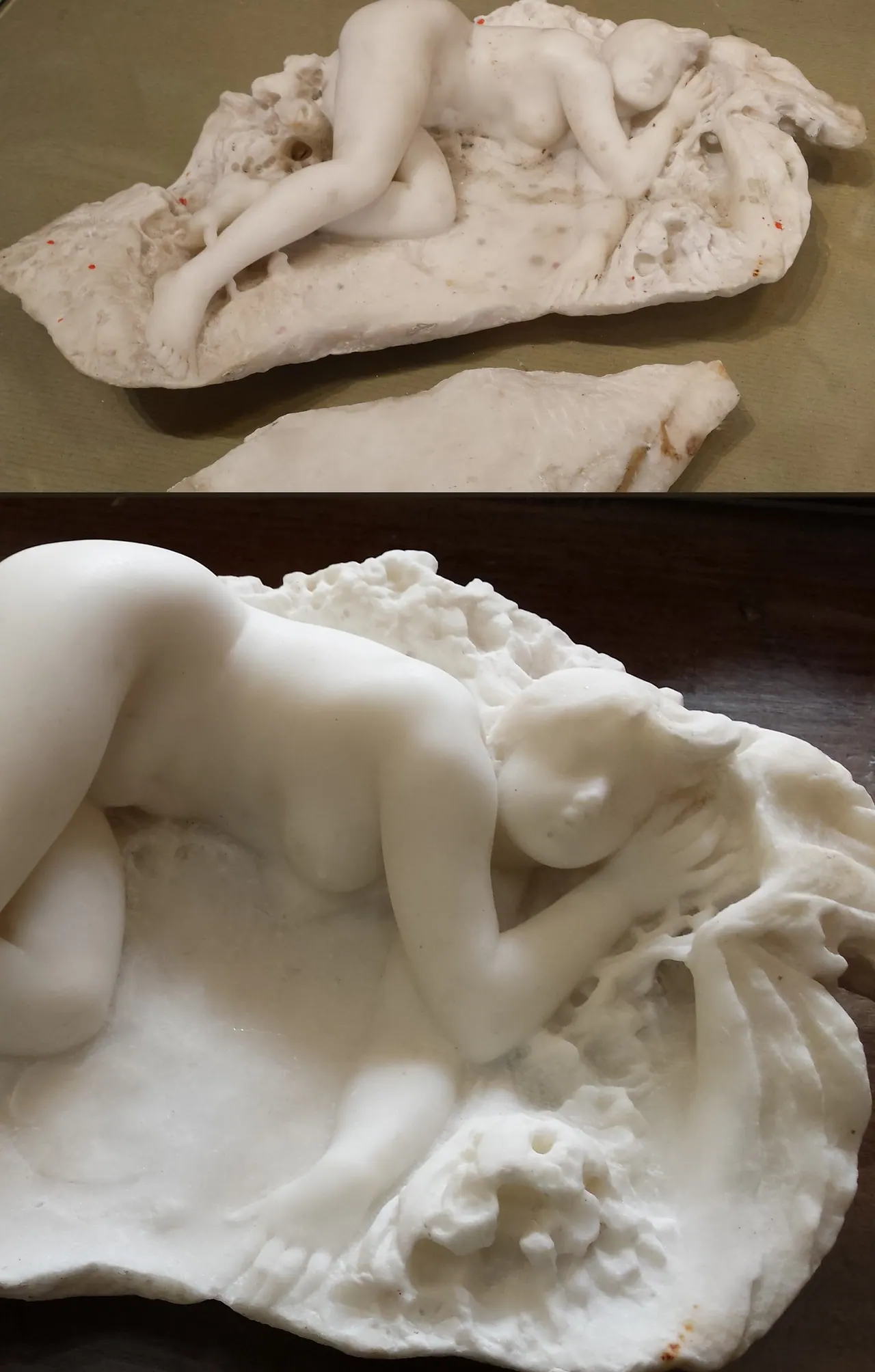 Collage du fragment et nettoyage du marbre — sculpture d’Edme Marie Cadoux — avant et après restauration