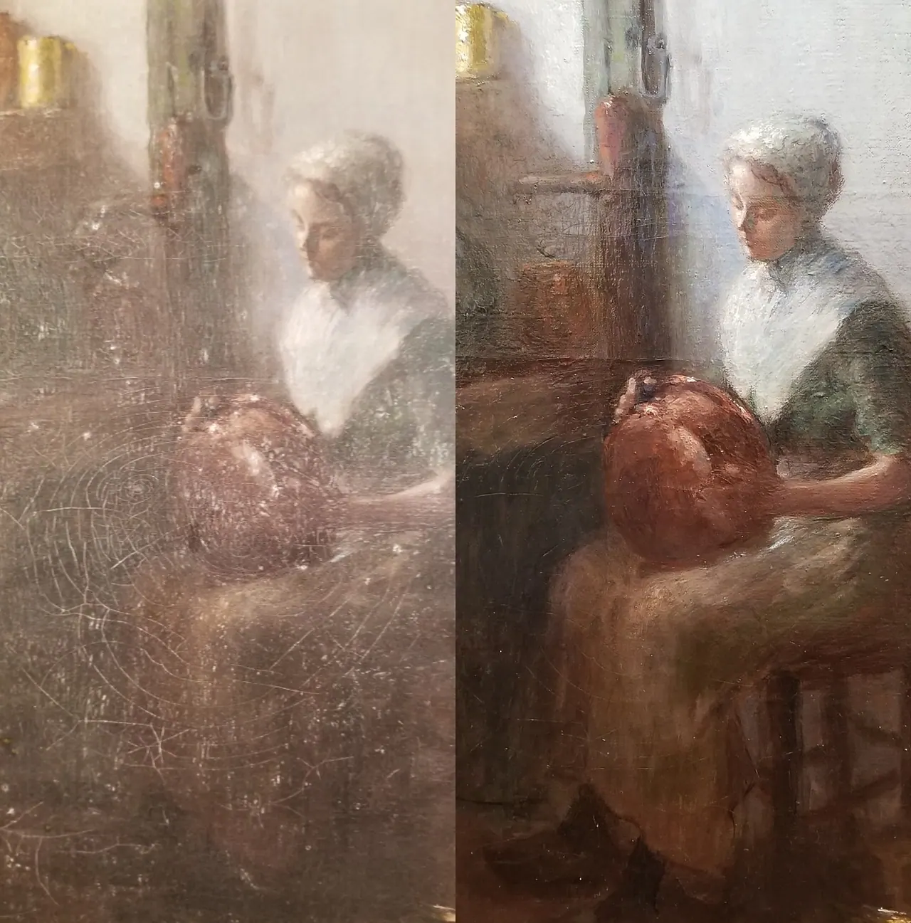 Refixage et traitement des craquelures — huile sur toile — avant et après restauration