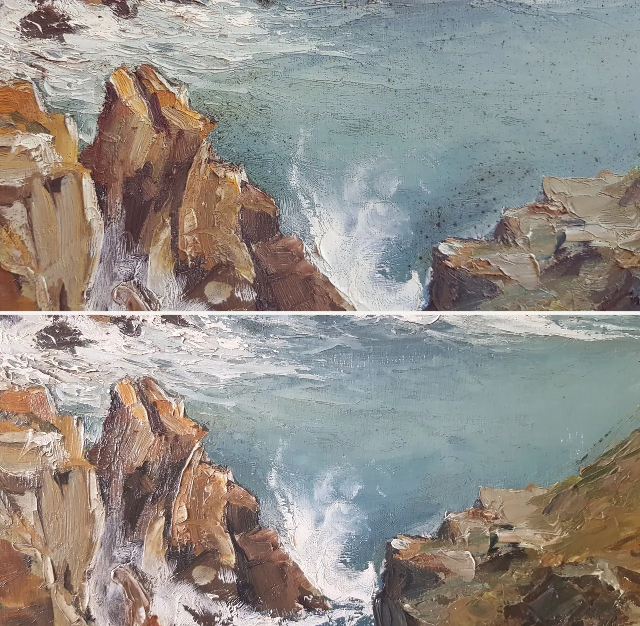 Traitement de moisissures et de micro-organismes — marine, huile sur toile — avant et après restauration