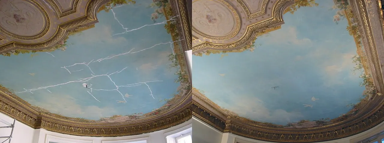 Consolidation des fissures et réintégration des couleurs — plafond peint — avant et après restauration